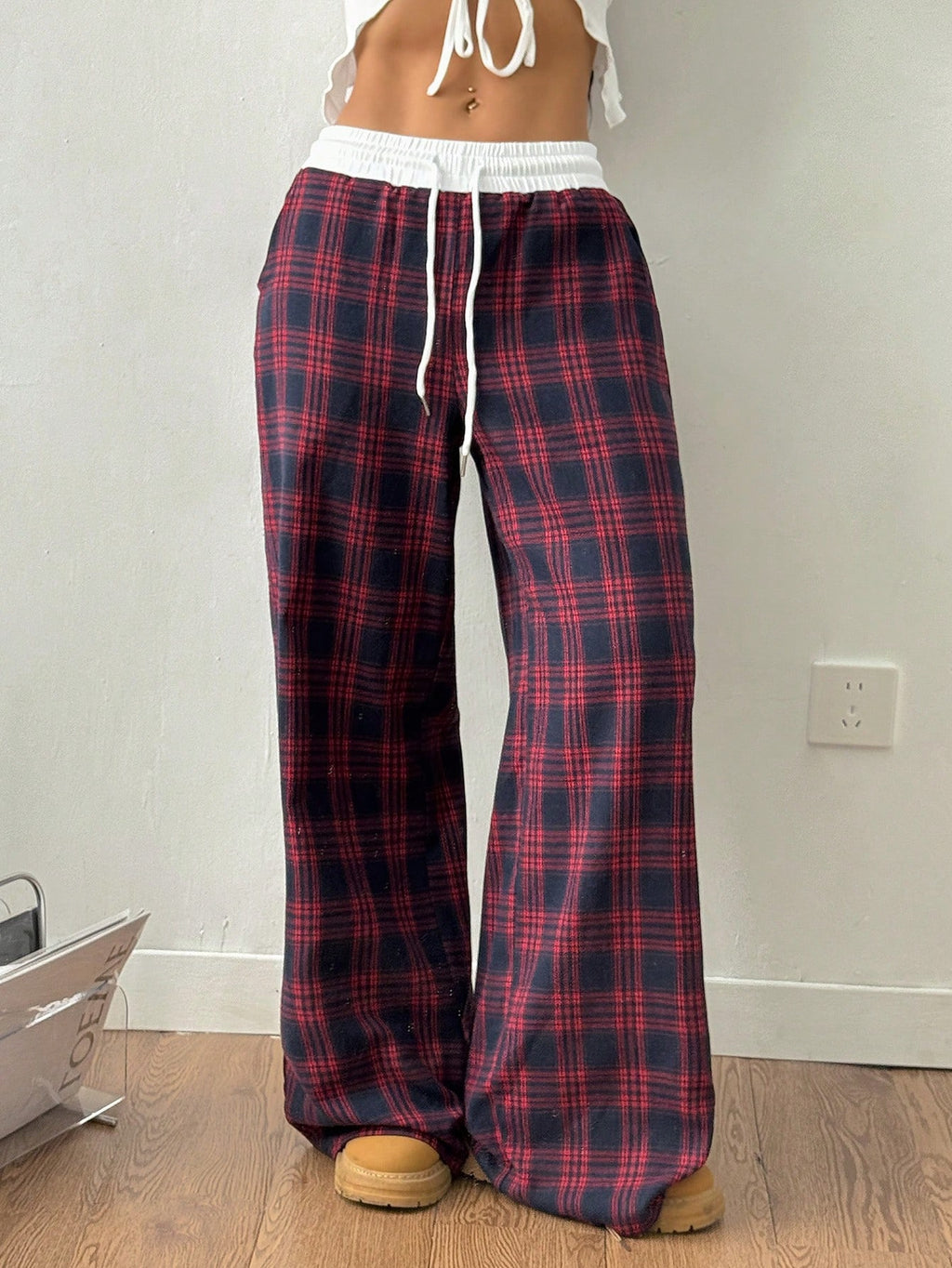 Plaid Wide Leg Drawstring Lounge Pants