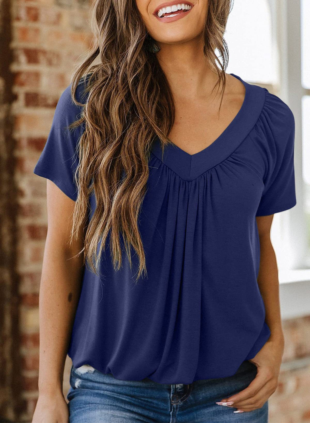 Gathered V Neck Short Sleeve Top - DarkBlue