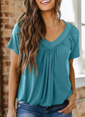 Gathered V Neck Short Sleeve Top - Green