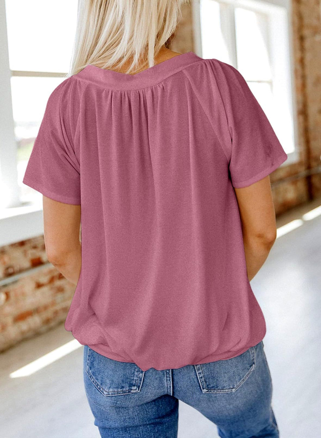 Gathered V Neck Short Sleeve Top - Pink - 1