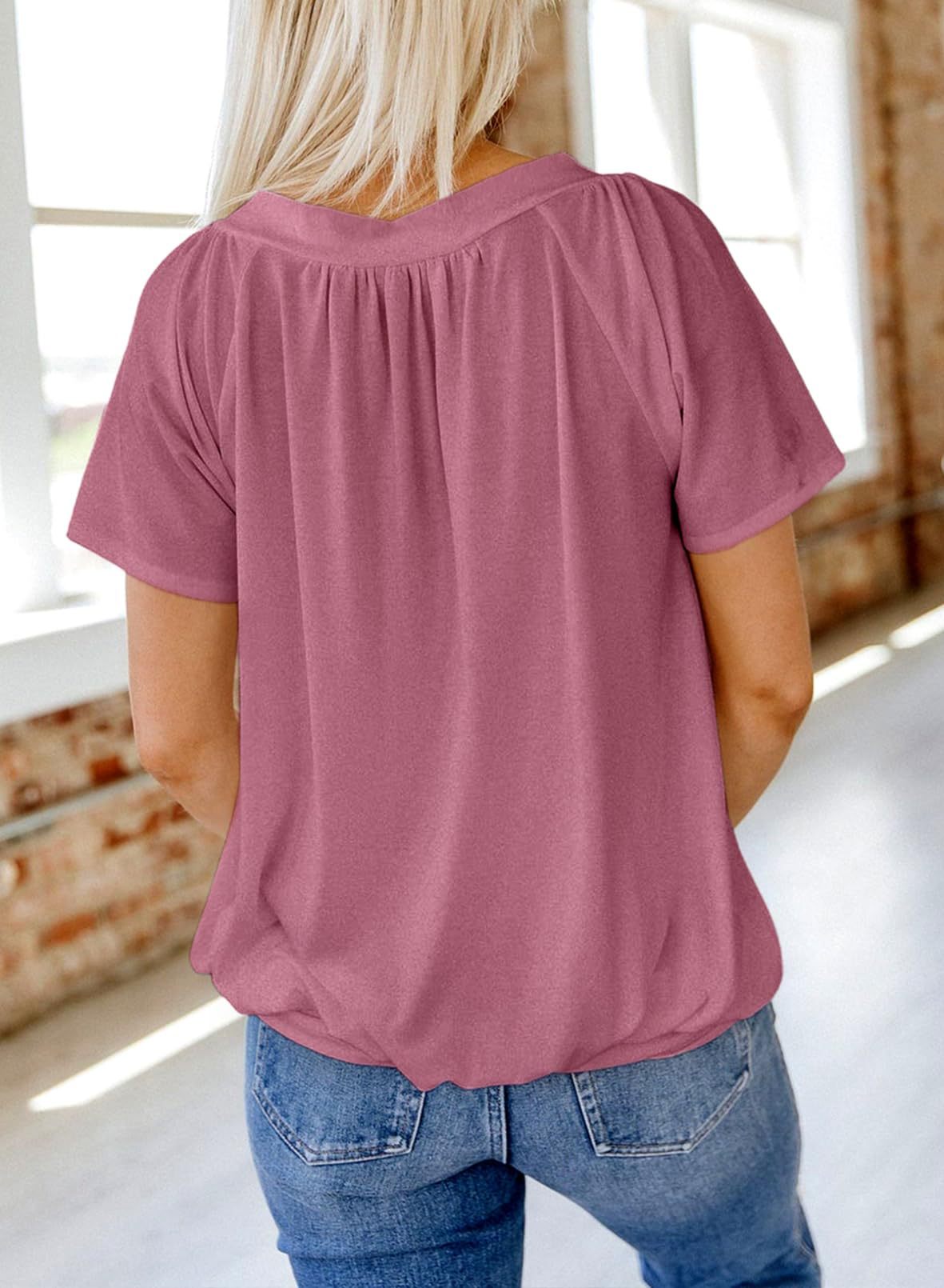Gathered V Neck Short Sleeve Top - Pink - 1