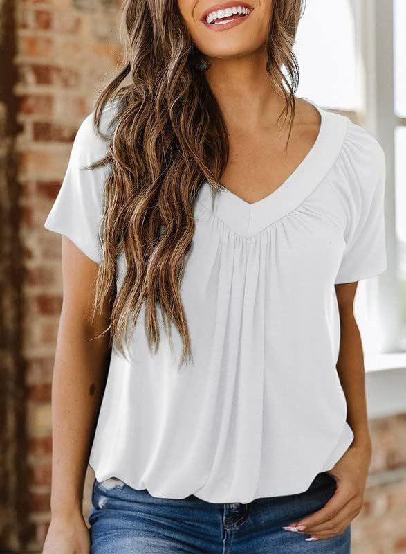 Gathered V Neck Short Sleeve Top - White