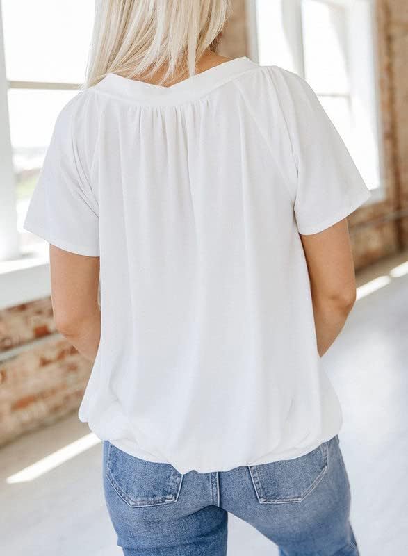 Gathered V Neck Short Sleeve Top - White - 2