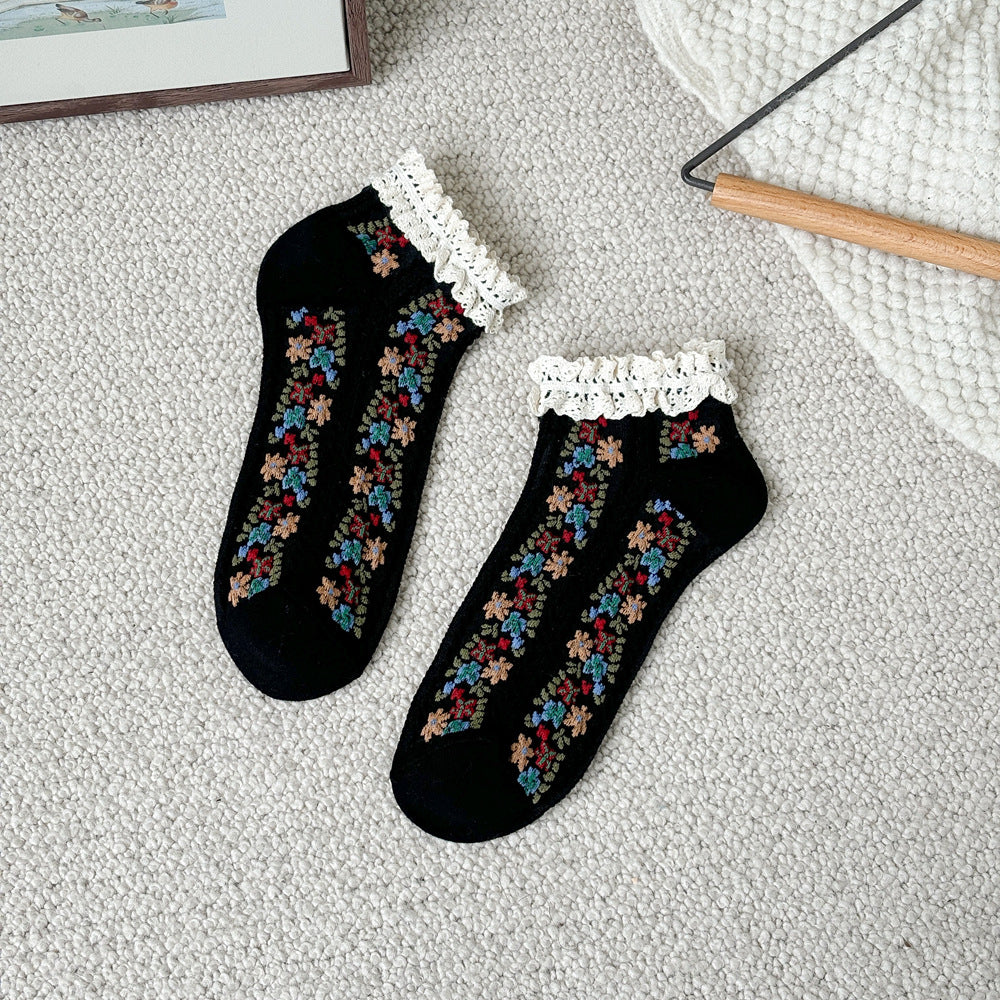 Vintage Floral Lace Cuff Socks - Black