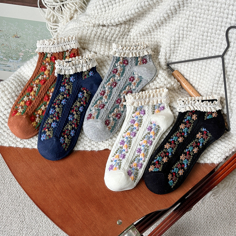 Vintage Floral Lace Cuff Socks - Brown