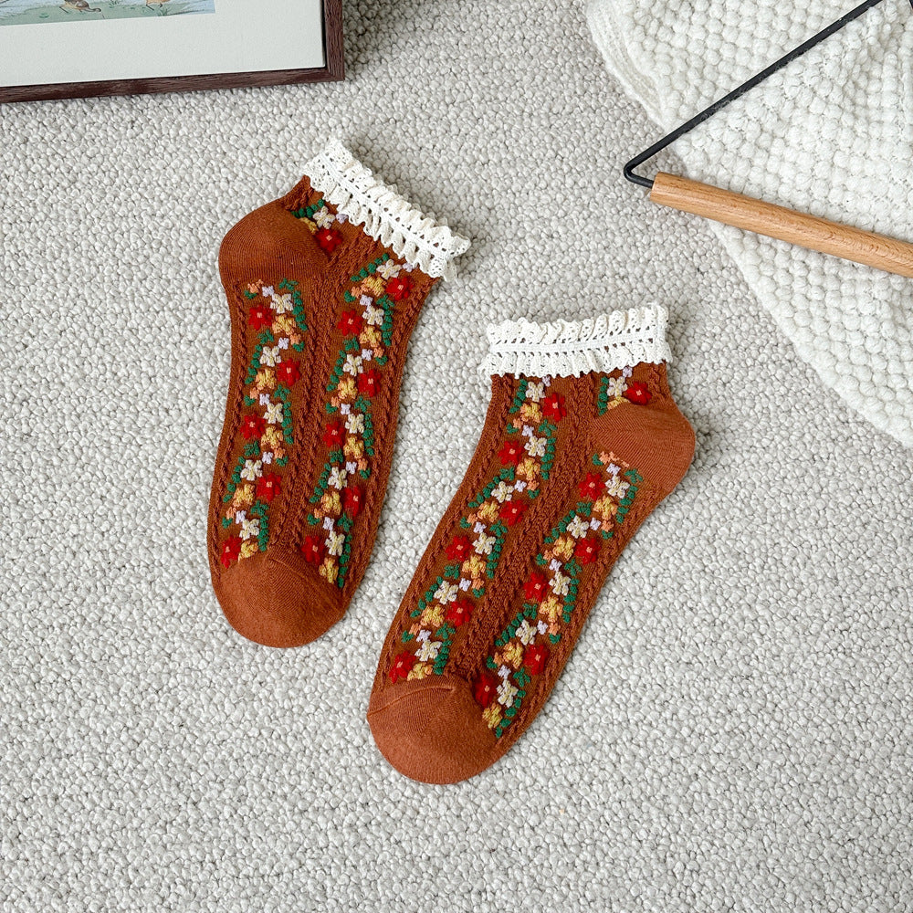 Vintage Floral Lace Cuff Socks - Brown - 1