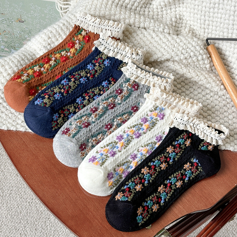 Vintage Floral Lace Cuff Socks - Brown - 2