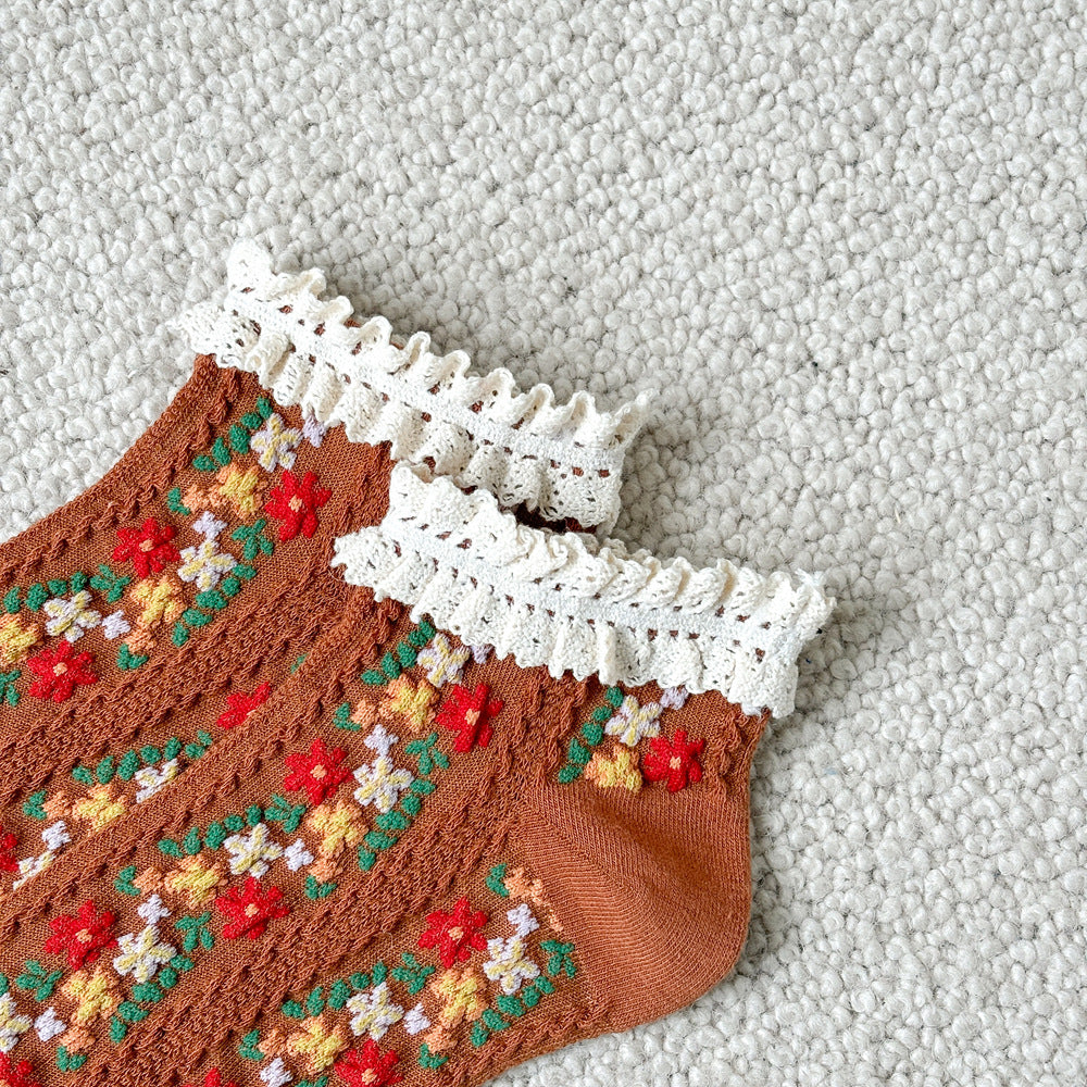 Vintage Floral Lace Cuff Socks - Brown - 3