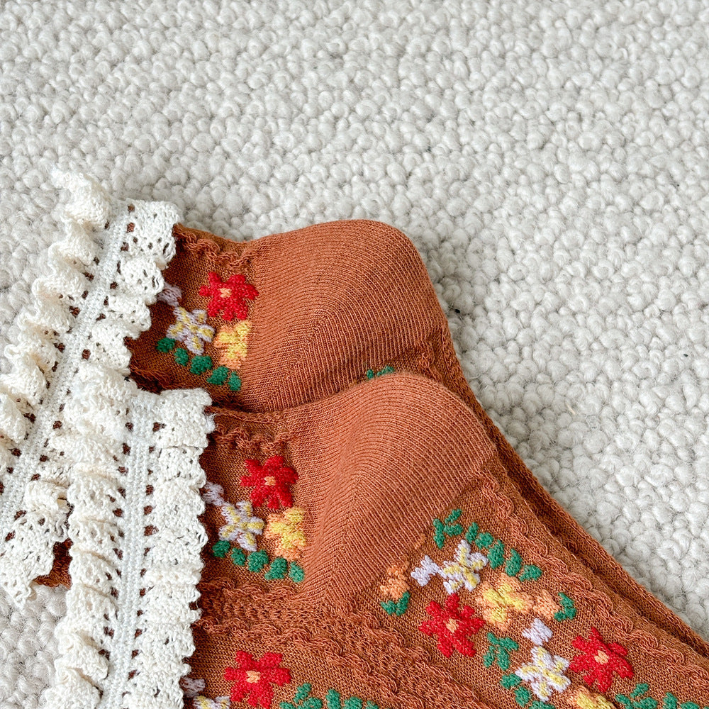 Vintage Floral Lace Cuff Socks - Brown - 4