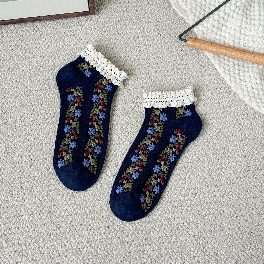 Vintage Floral Lace Cuff Socks - DarkBlue