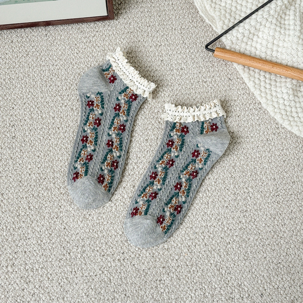 Vintage Floral Lace Cuff Socks - Gray