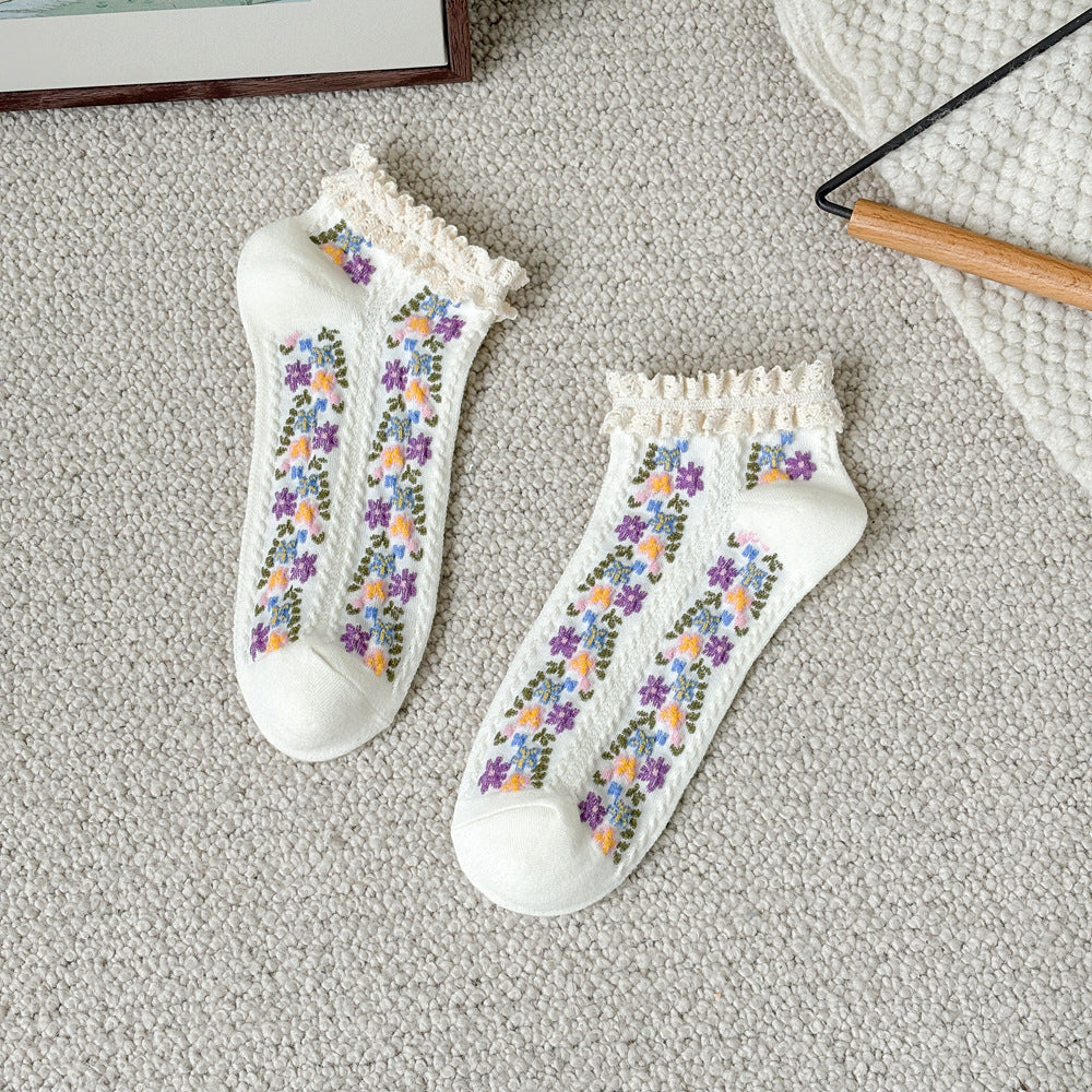 Vintage Floral Lace Cuff Socks - White