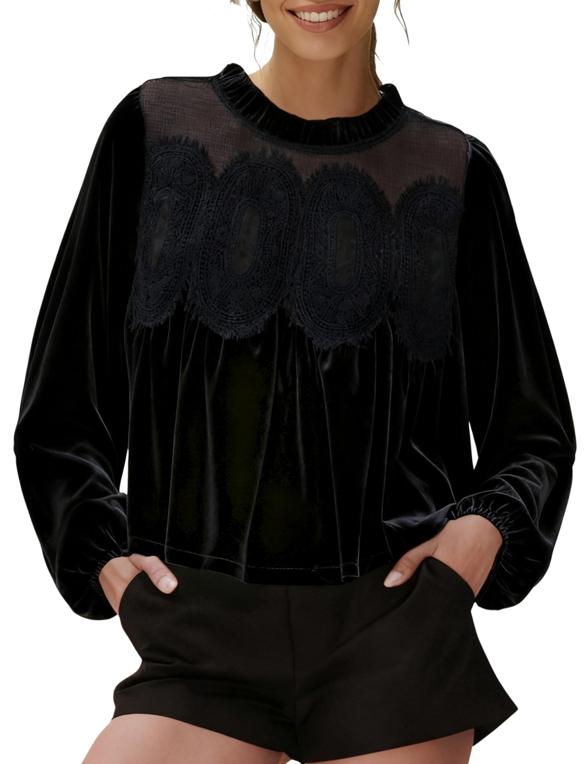 Vintage Lace Yoke Velvet Long Sleeve Blouse - Black
