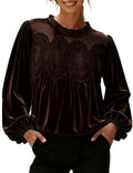 Vintage Lace Yoke Velvet Long Sleeve Blouse - Coffee