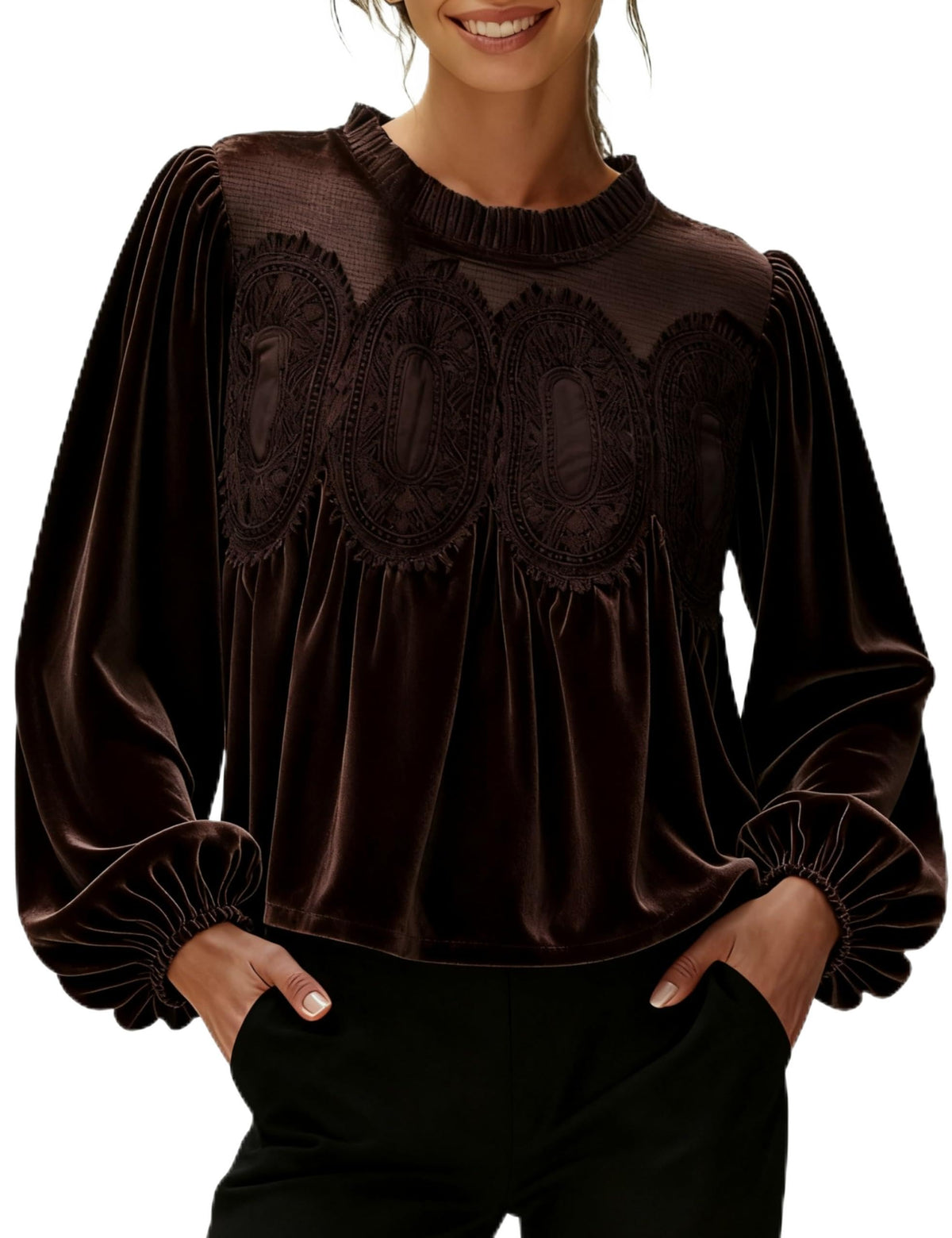 Vintage Lace Yoke Velvet Long Sleeve Blouse - Coffee