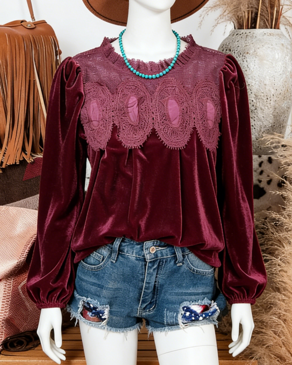 Vintage Lace Yoke Velvet Long Sleeve Blouse - WineRed