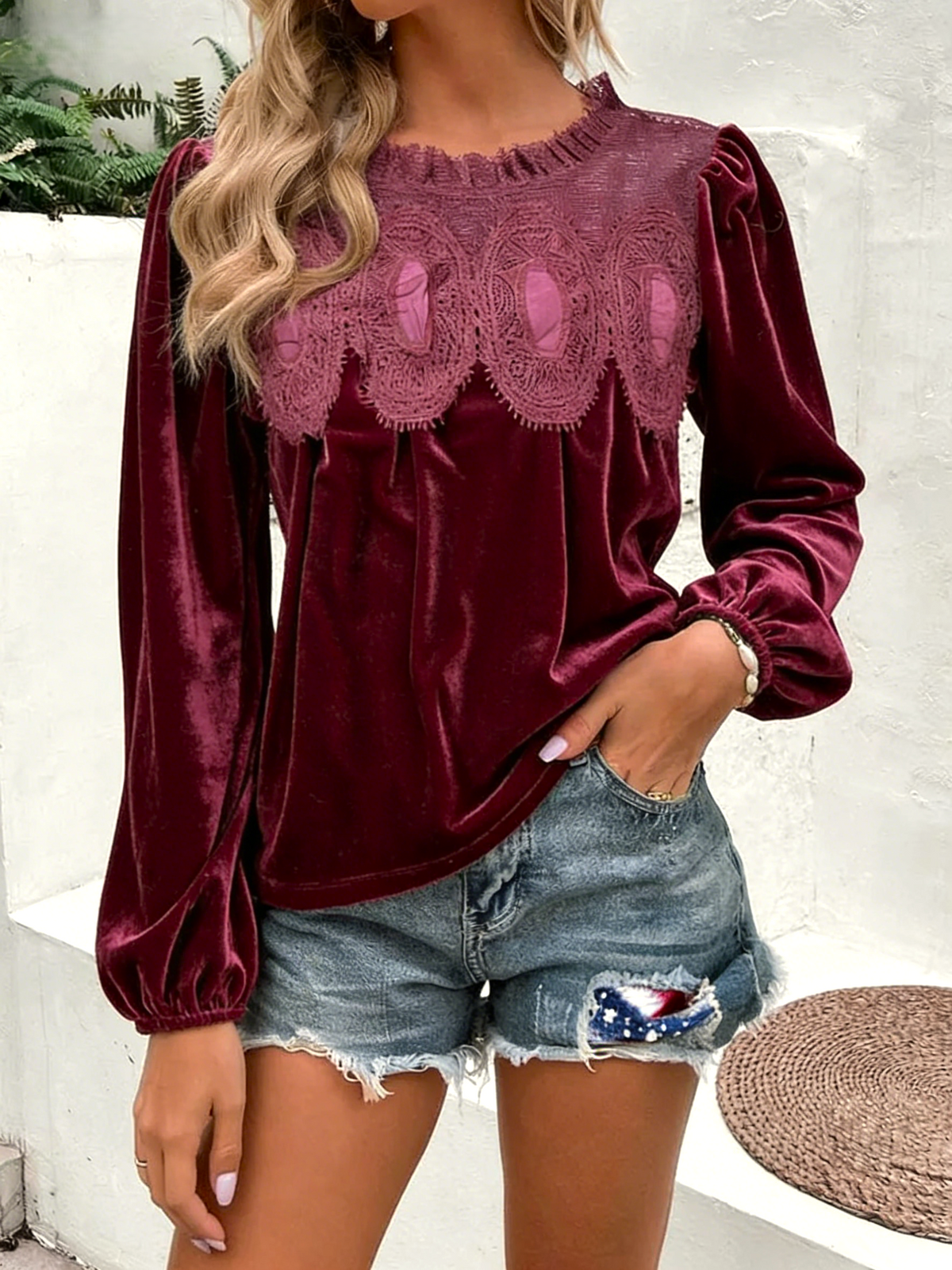 Vintage Lace Yoke Velvet Long Sleeve Blouse - WineRed - 1