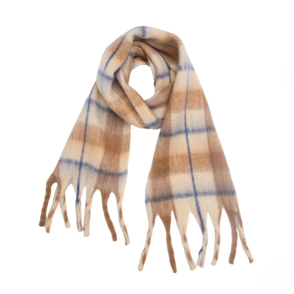 Brushed Check Tassel Blanket Scarf - Khaki