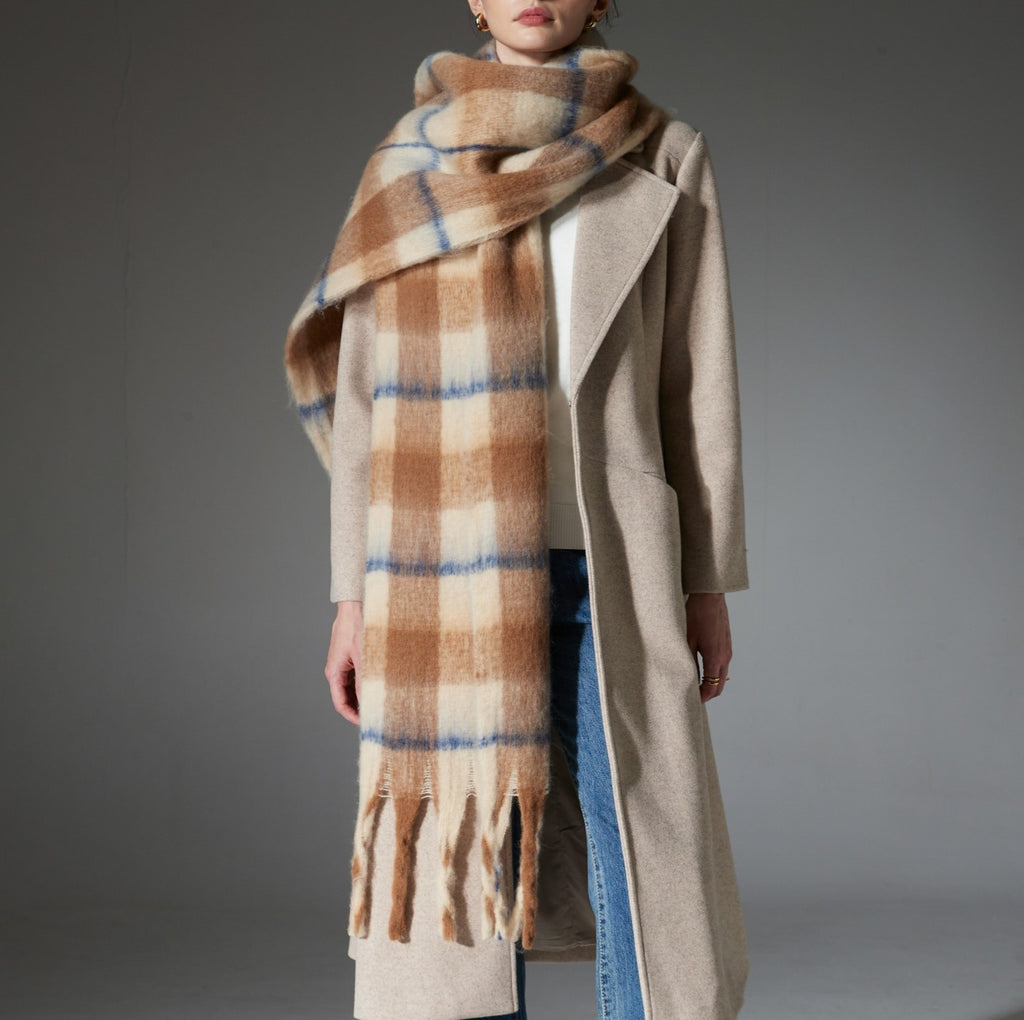 Brushed Check Tassel Blanket Scarf - Khaki - 1