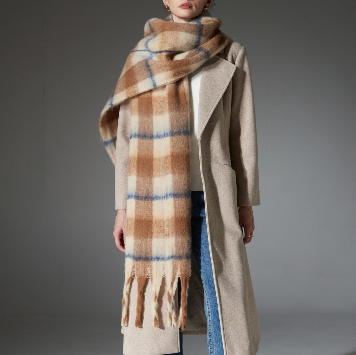 Brushed Check Tassel Blanket Scarf - Khaki - 1