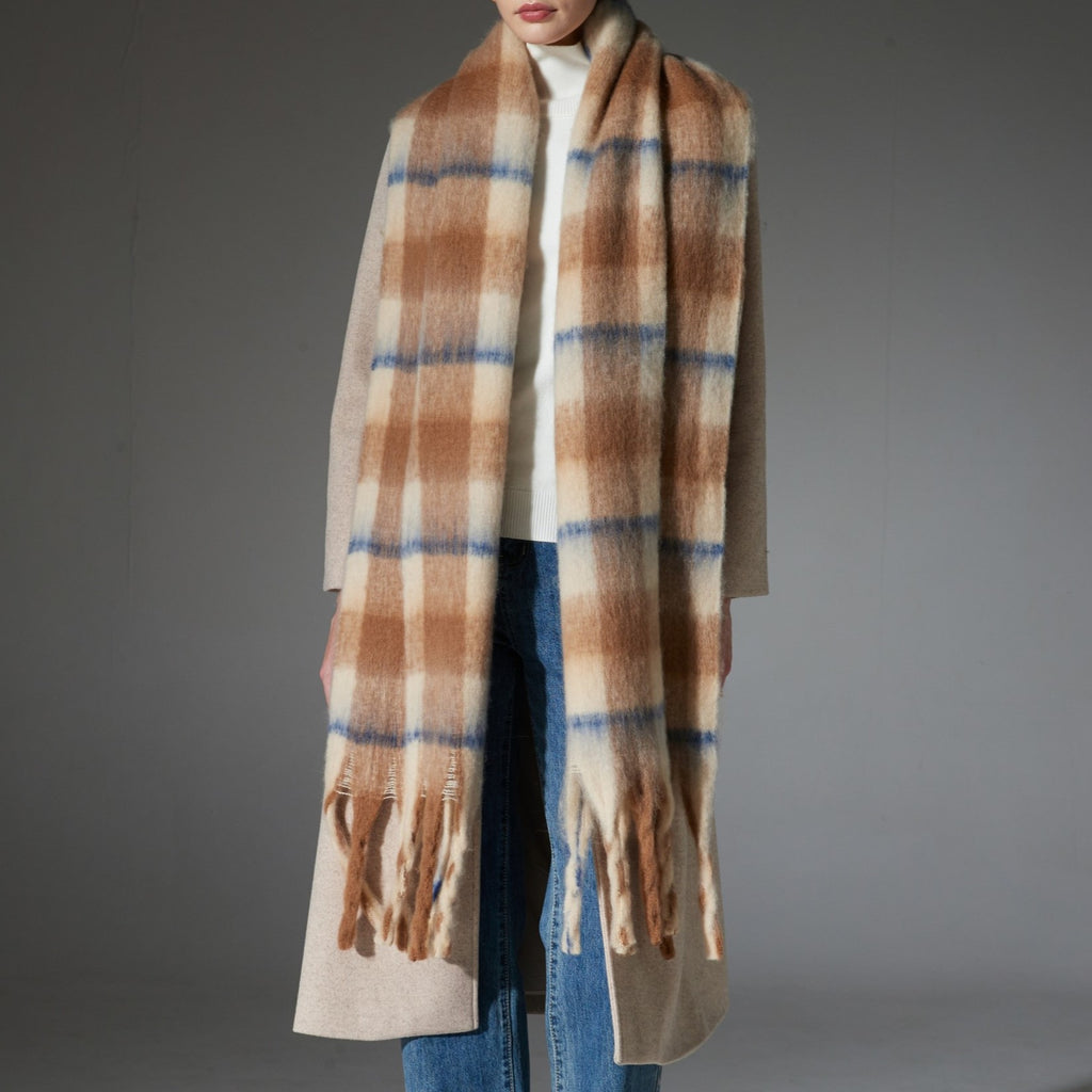 Brushed Check Tassel Blanket Scarf - Khaki - 2