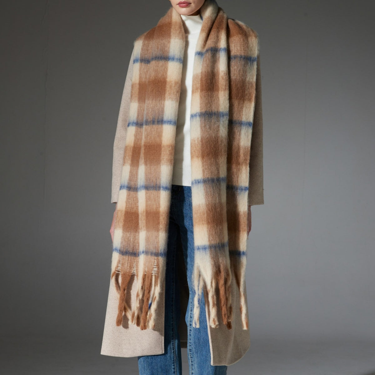 Brushed Check Tassel Blanket Scarf - Khaki - 2