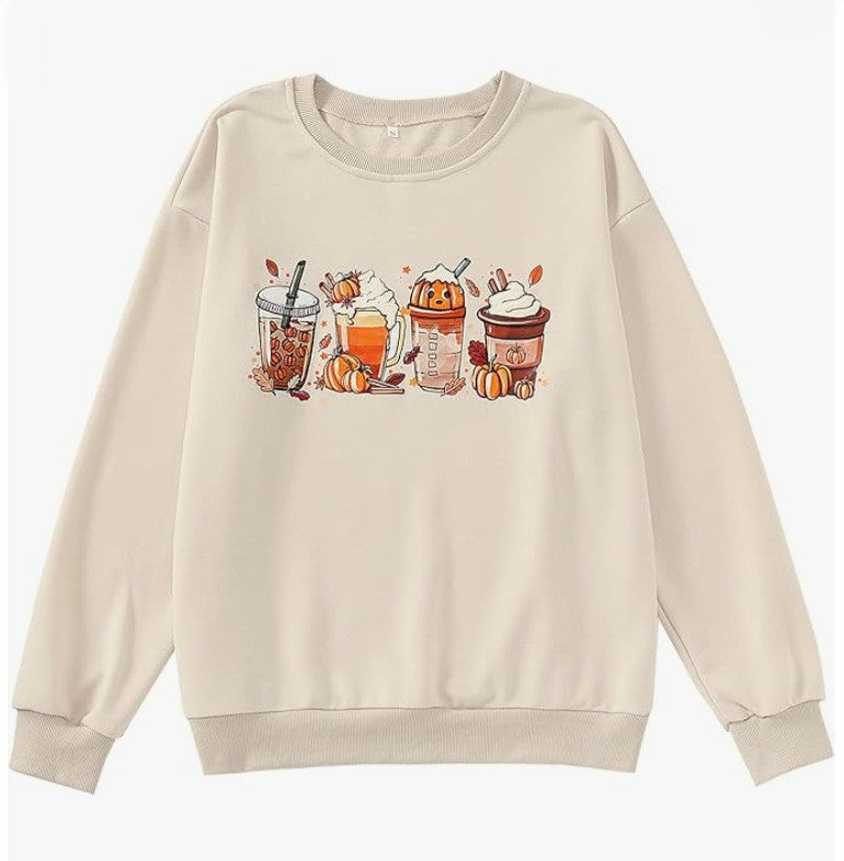 Autumn Graphic Print Crewneck Sweatshirt - Apricot