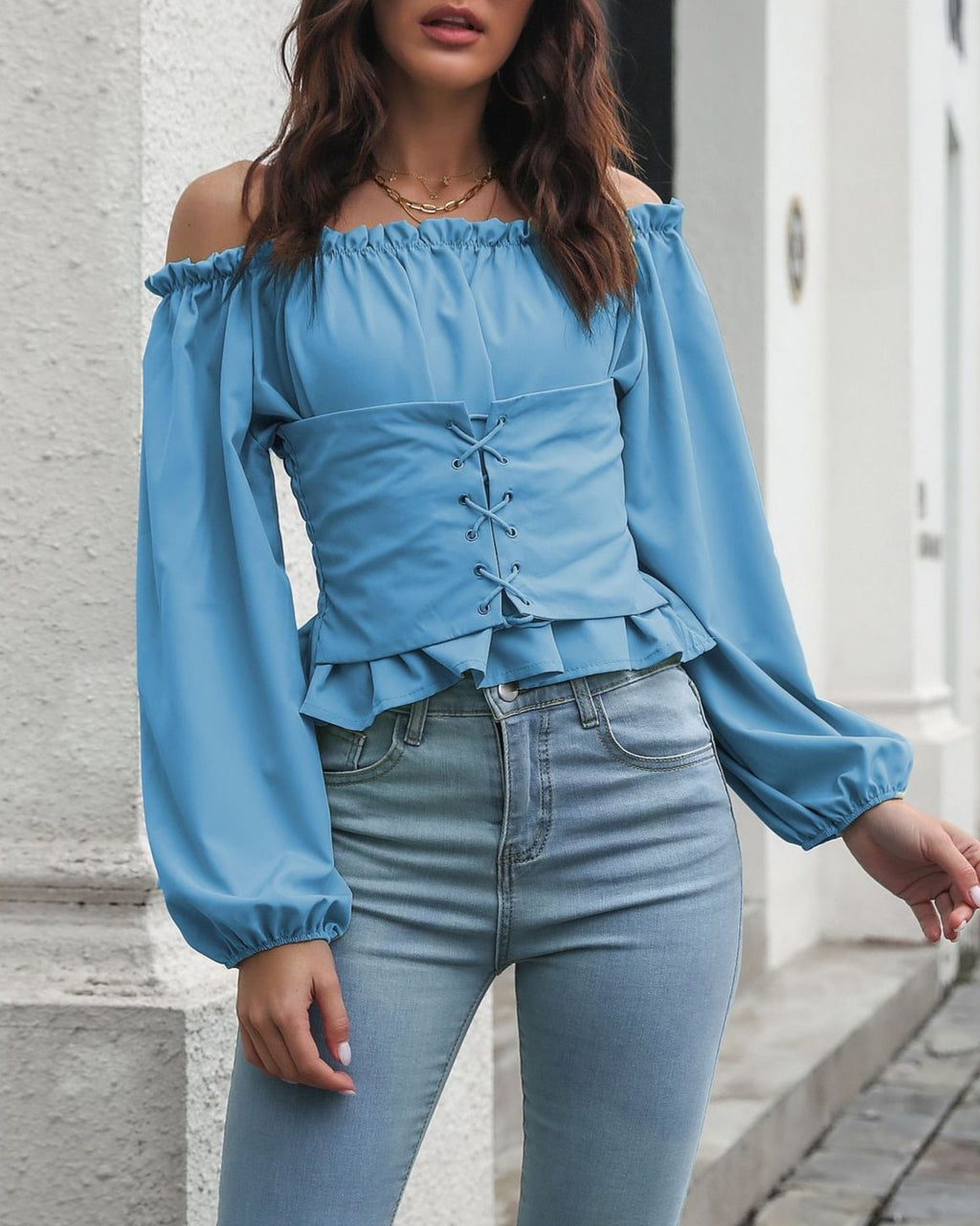 Off Shoulder Lace Up Peplum Crop Top - Blue