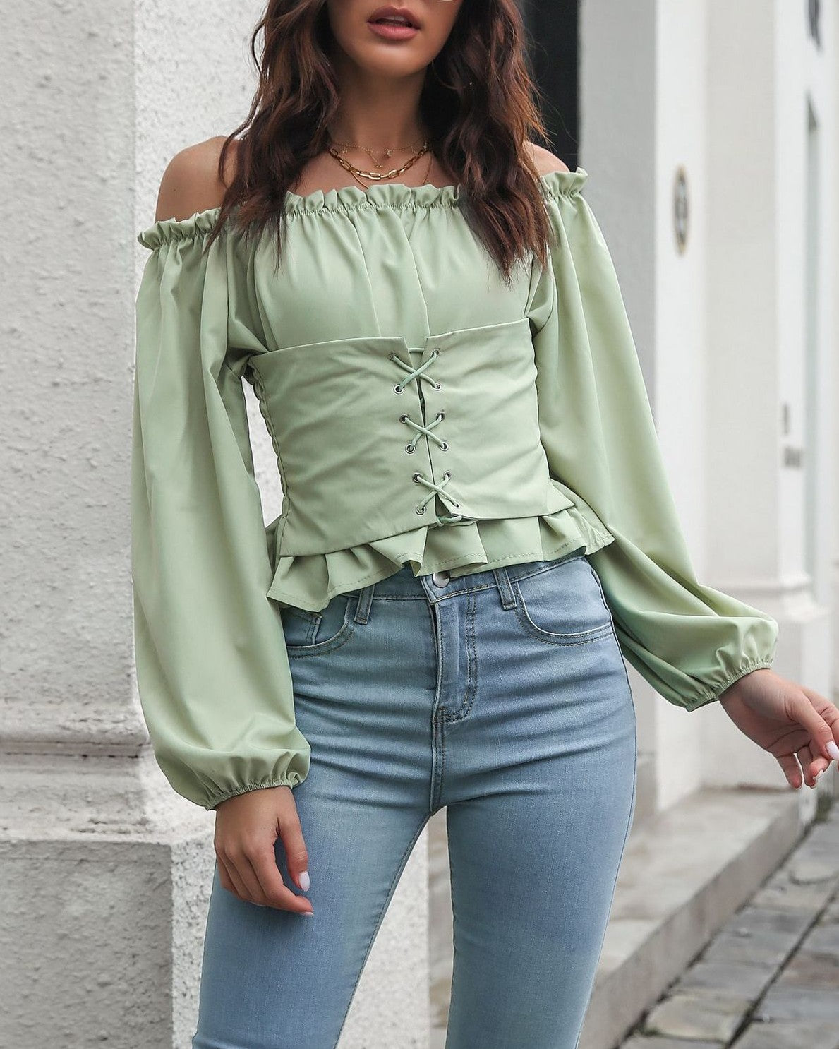 Off Shoulder Lace Up Peplum Crop Top - Green