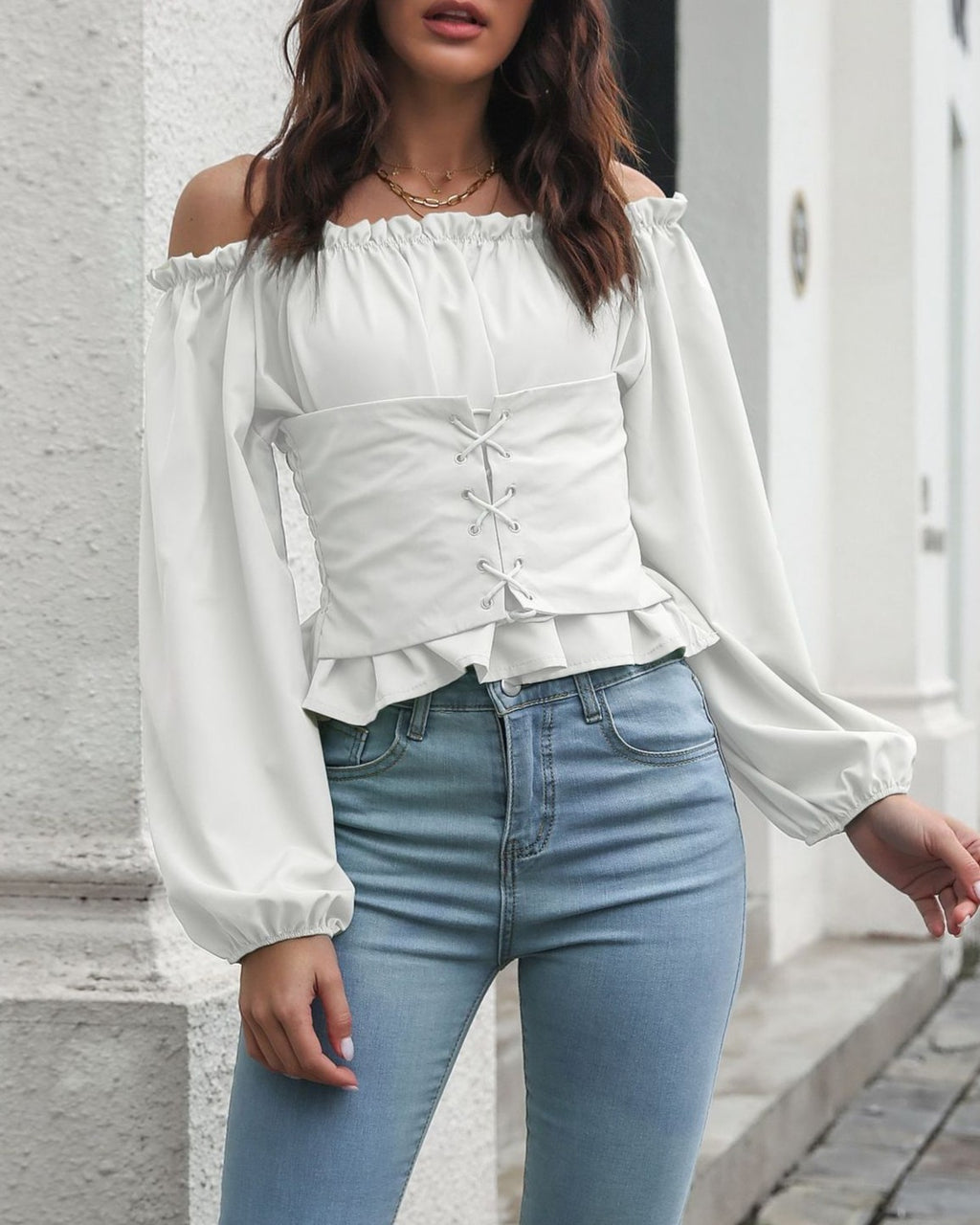 Off Shoulder Lace Up Peplum Crop Top - White