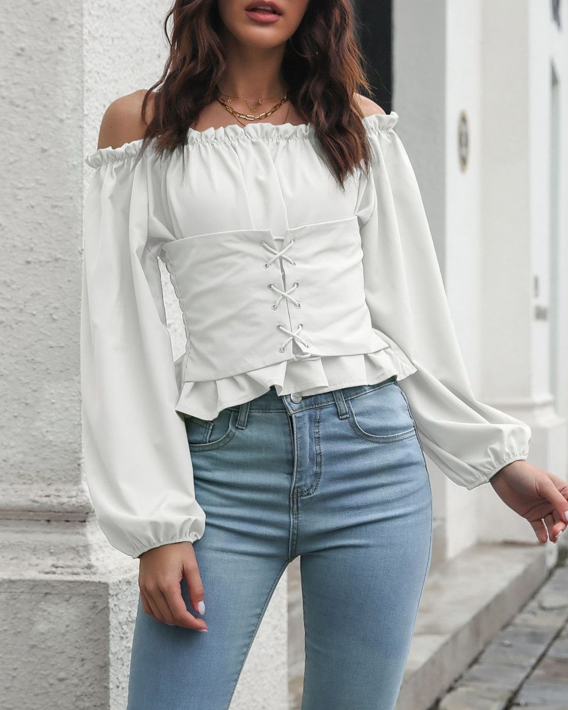 Off Shoulder Lace Up Peplum Crop Top - White