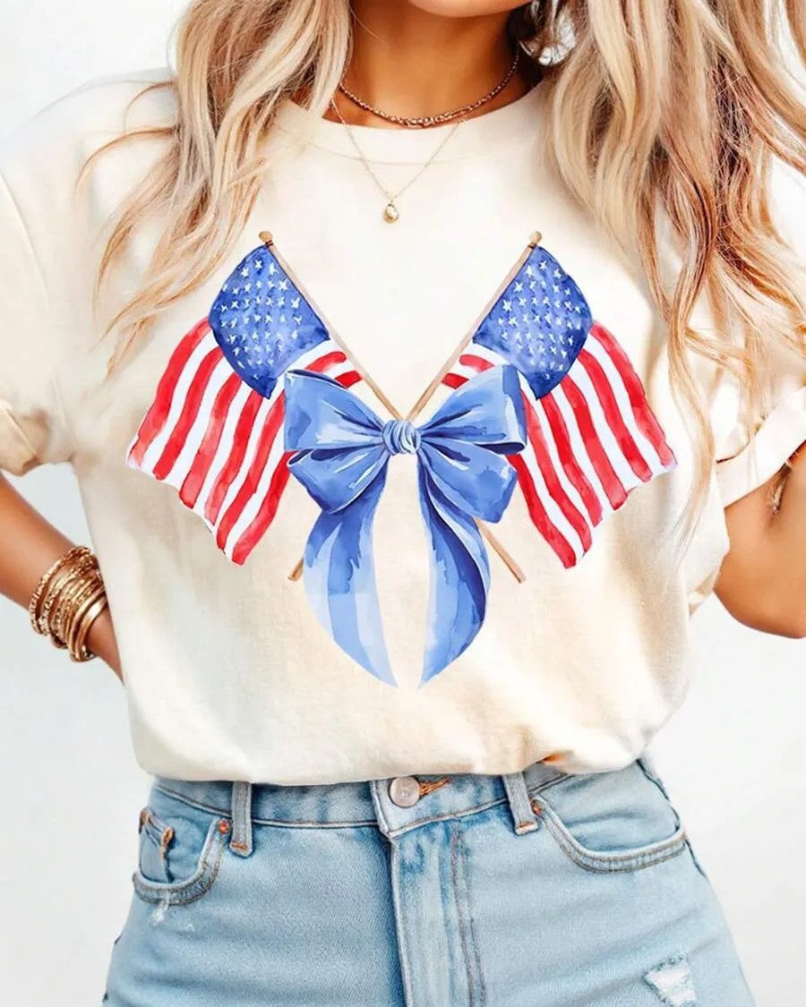 Patriotic Ribbon Bow Print Relaxed Tee - White