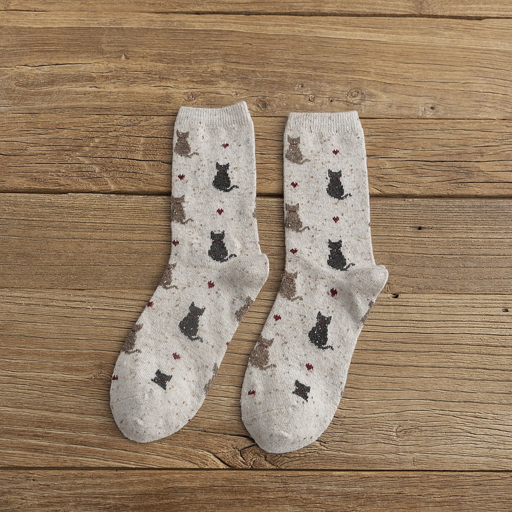 Speckled Knit Cat Print Crew Socks - Beige