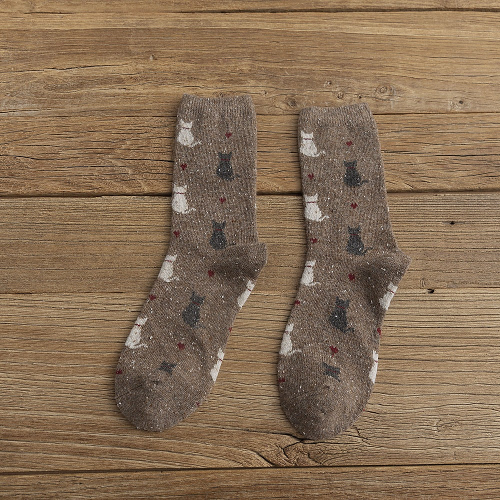 Speckled Knit Cat Print Crew Socks - Coffee