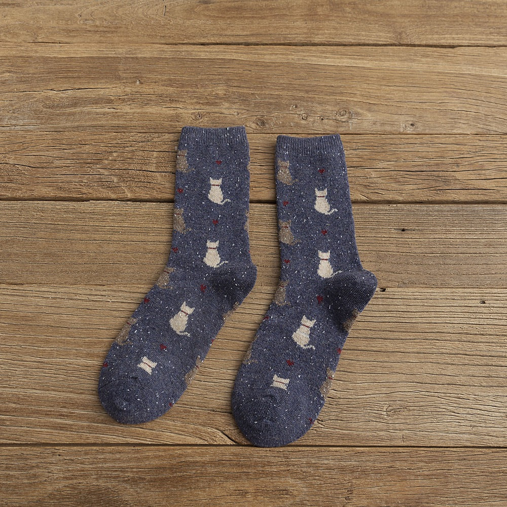 Speckled Knit Cat Print Crew Socks - DarkBlue