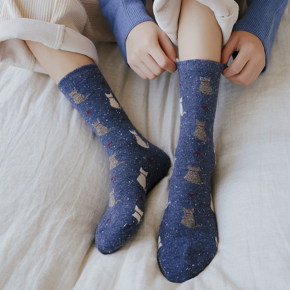 Speckled Knit Cat Print Crew Socks - DarkBlue - 1