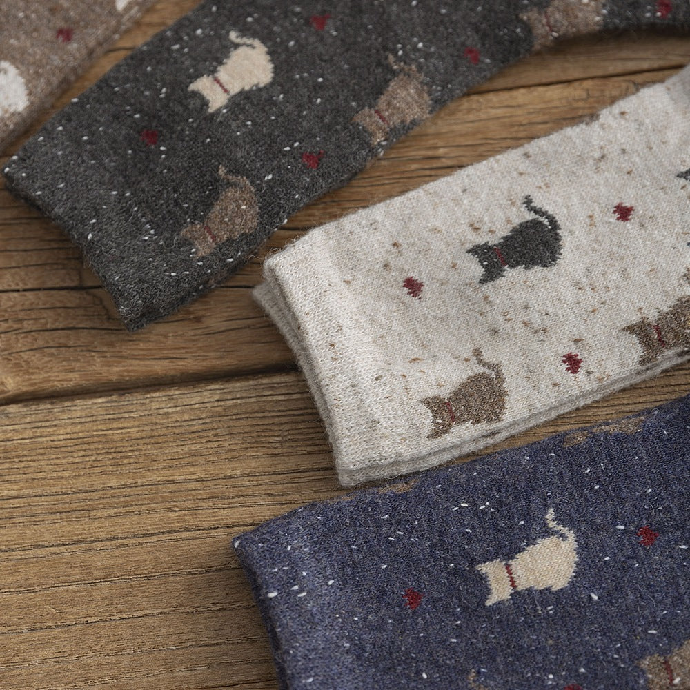 Speckled Knit Cat Print Crew Socks - DarkBlue - 2