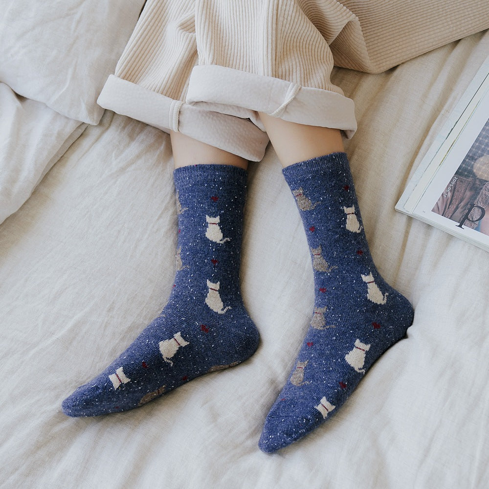 Speckled Knit Cat Print Crew Socks - DarkBlue - 3