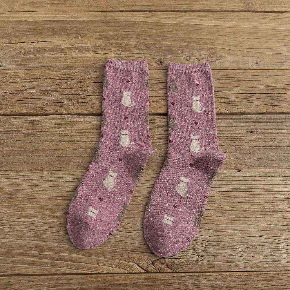 Speckled Knit Cat Print Crew Socks - Rose Red