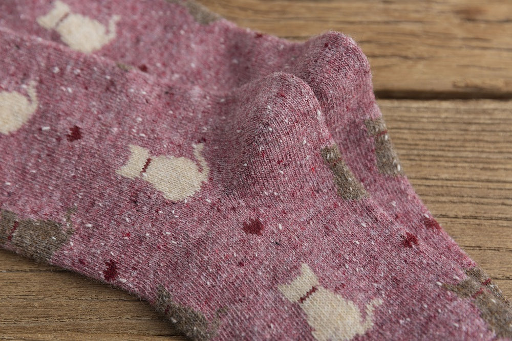 Speckled Knit Cat Print Crew Socks - Rose Red - 1