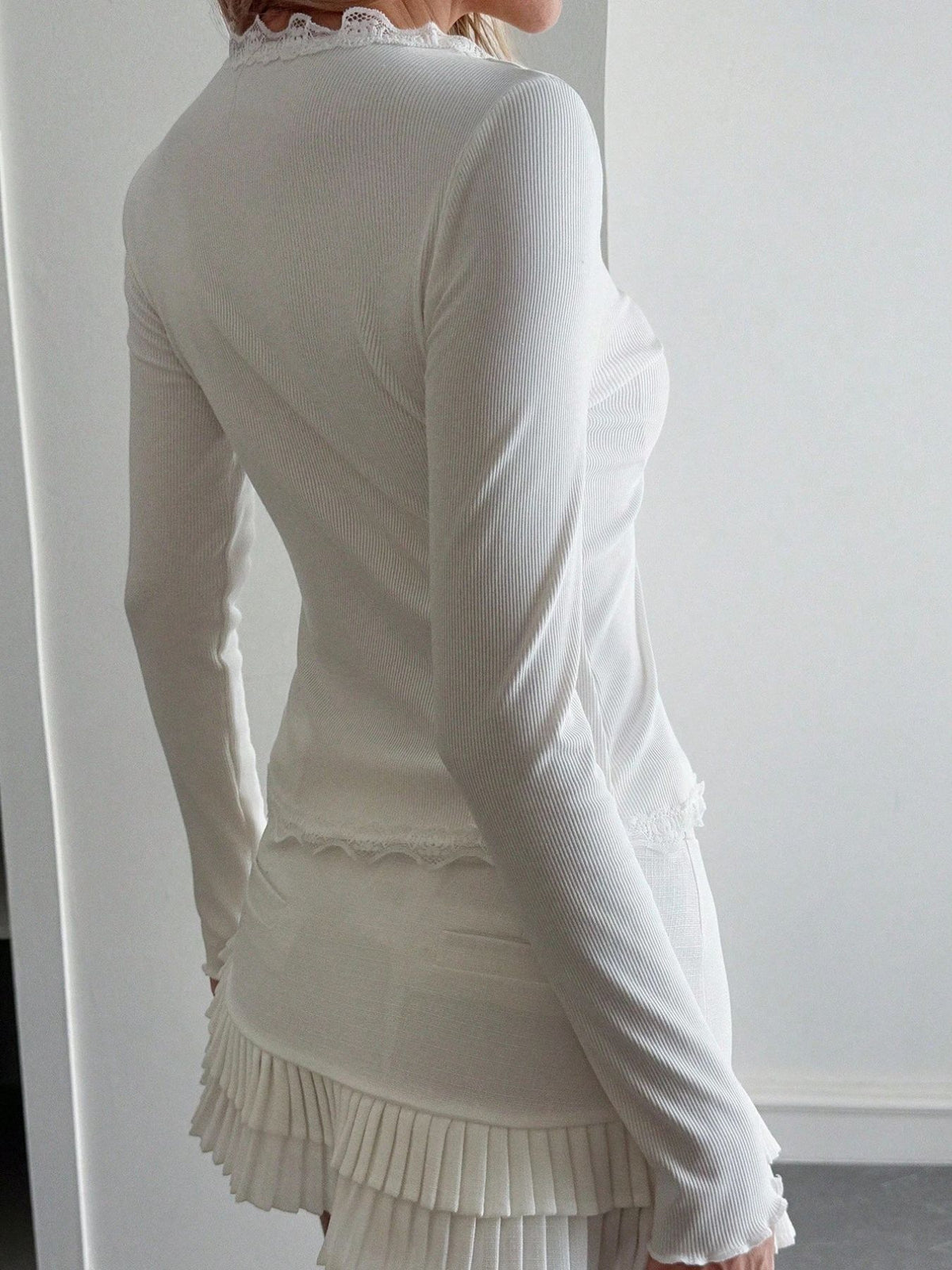 Lace Trim Ribbed Button Front Top - White - 5