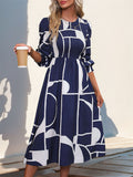 Abstract Geometric Print Long Sleeve Midi Dress - Darkblue