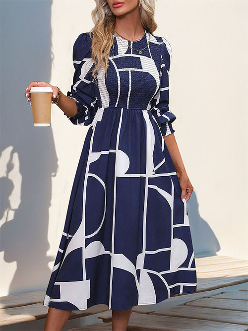 Abstract Geometric Print Long Sleeve Midi Dress - Darkblue