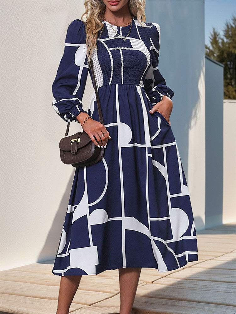Abstract Geometric Print Long Sleeve Midi Dress - Darkblue - 2