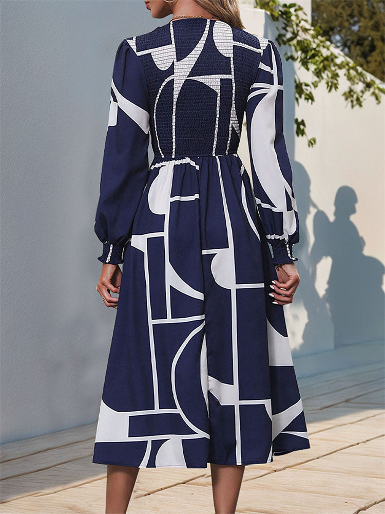 Abstract Geometric Print Long Sleeve Midi Dress - Darkblue - 3