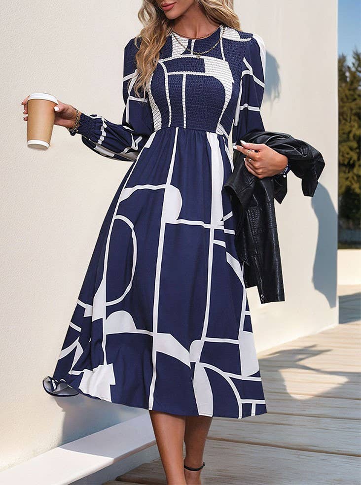 Abstract Geometric Print Long Sleeve Midi Dress