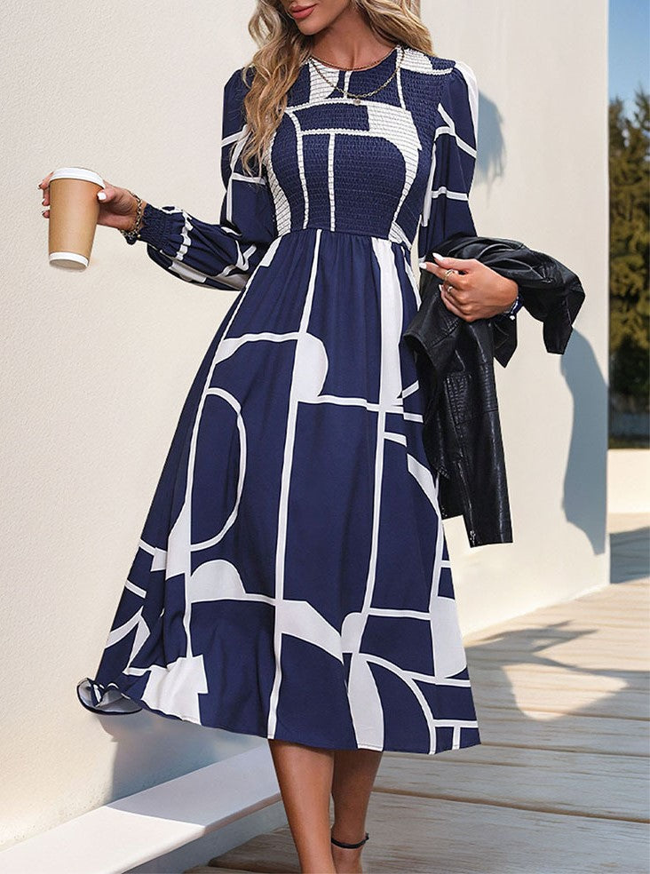 Abstract Geometric Print Long Sleeve Midi Dress - view 1