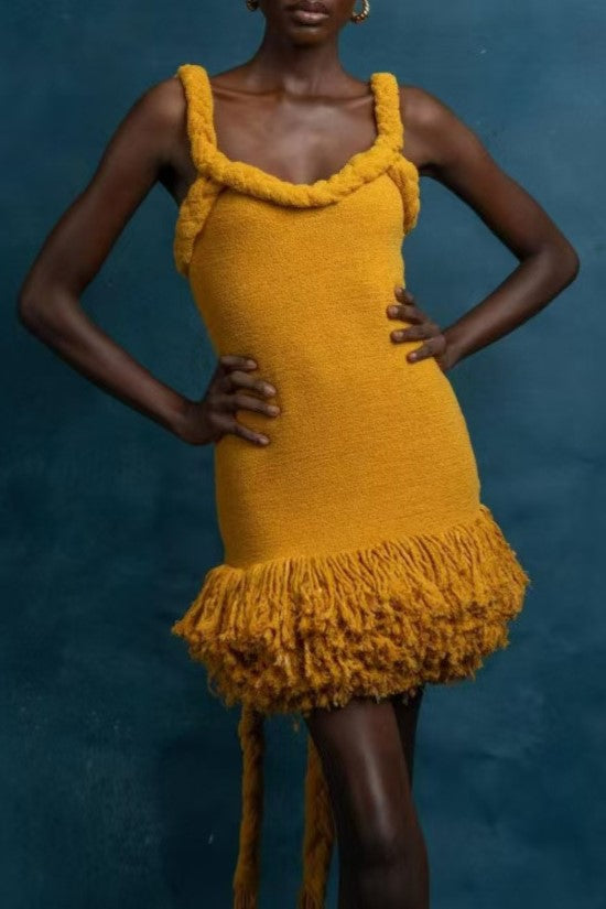 Halter Fringe Hem Knit Mini Dress - yellow