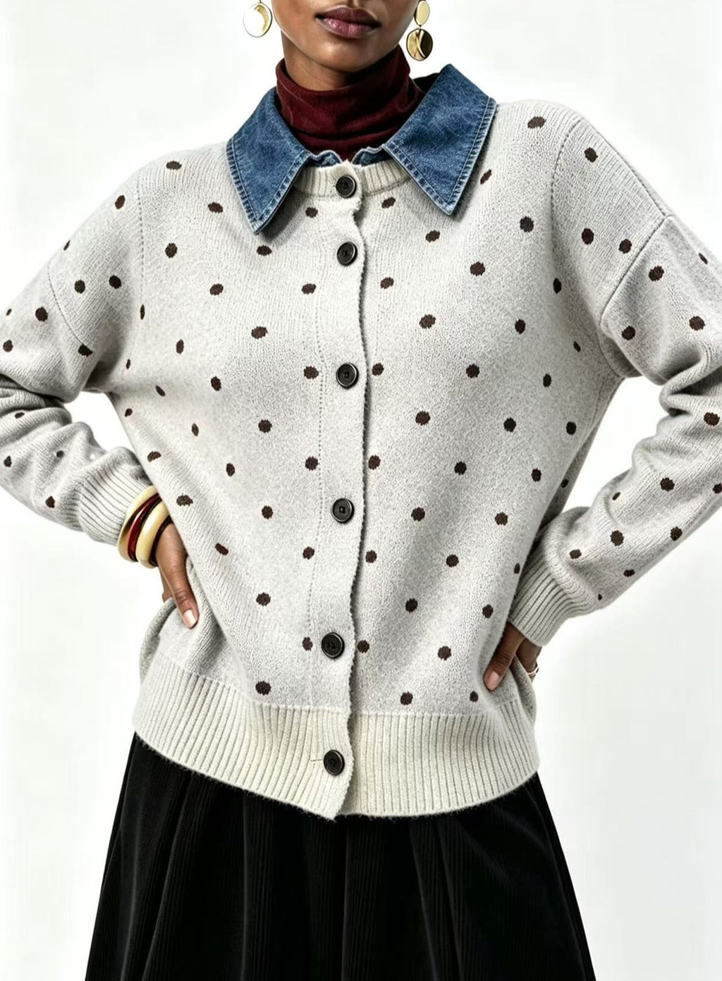Polka Dot Knit Cardigan With Denim Collar - Beige