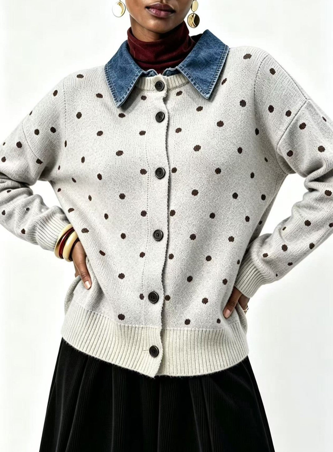 Polka Dot Knit Cardigan With Denim Collar - Beige